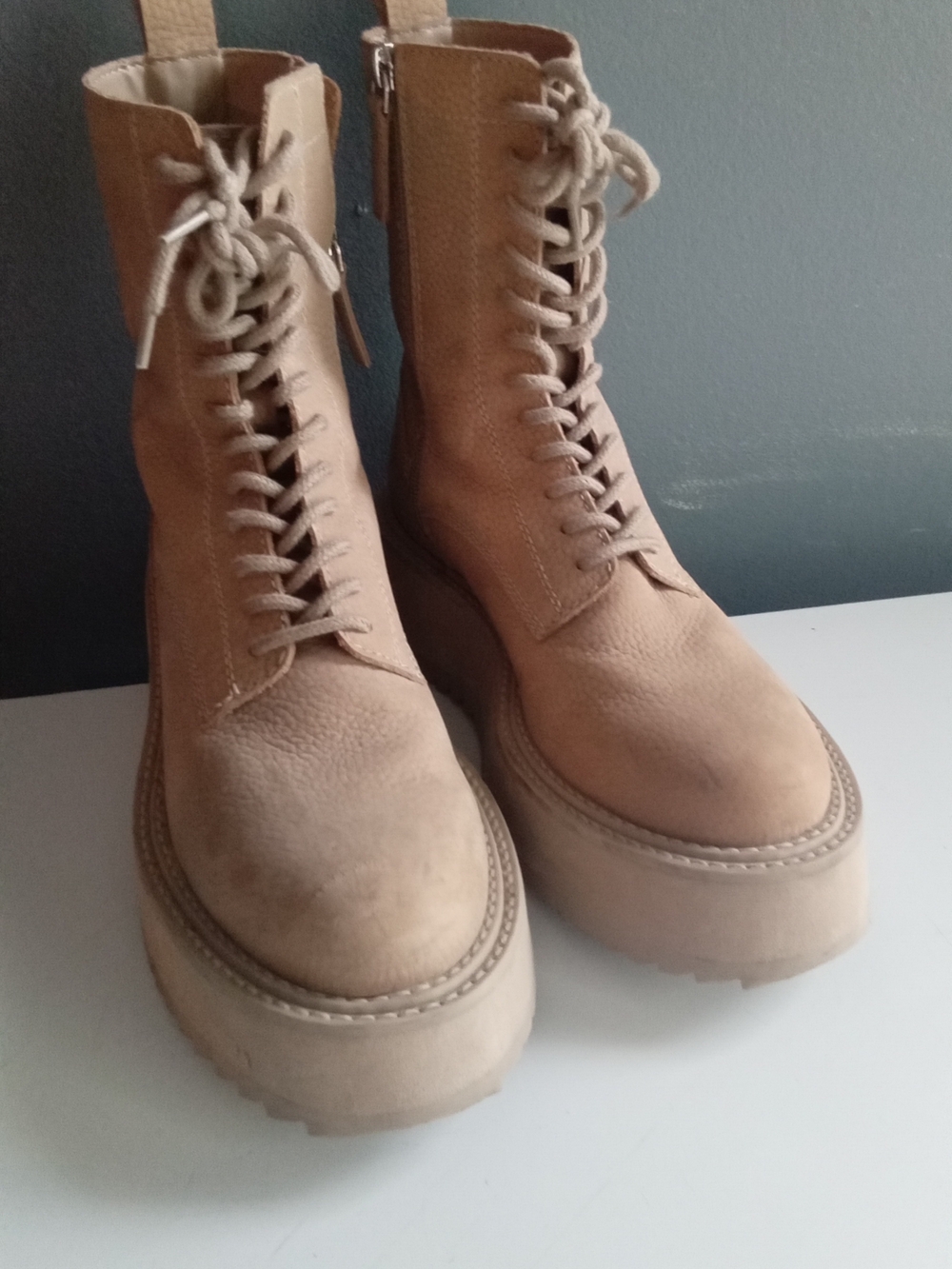 Beige Pebbled Leather Platform Combat Boots Lace Up Side Zip Lug Sole Tan - Picture 5 of 8